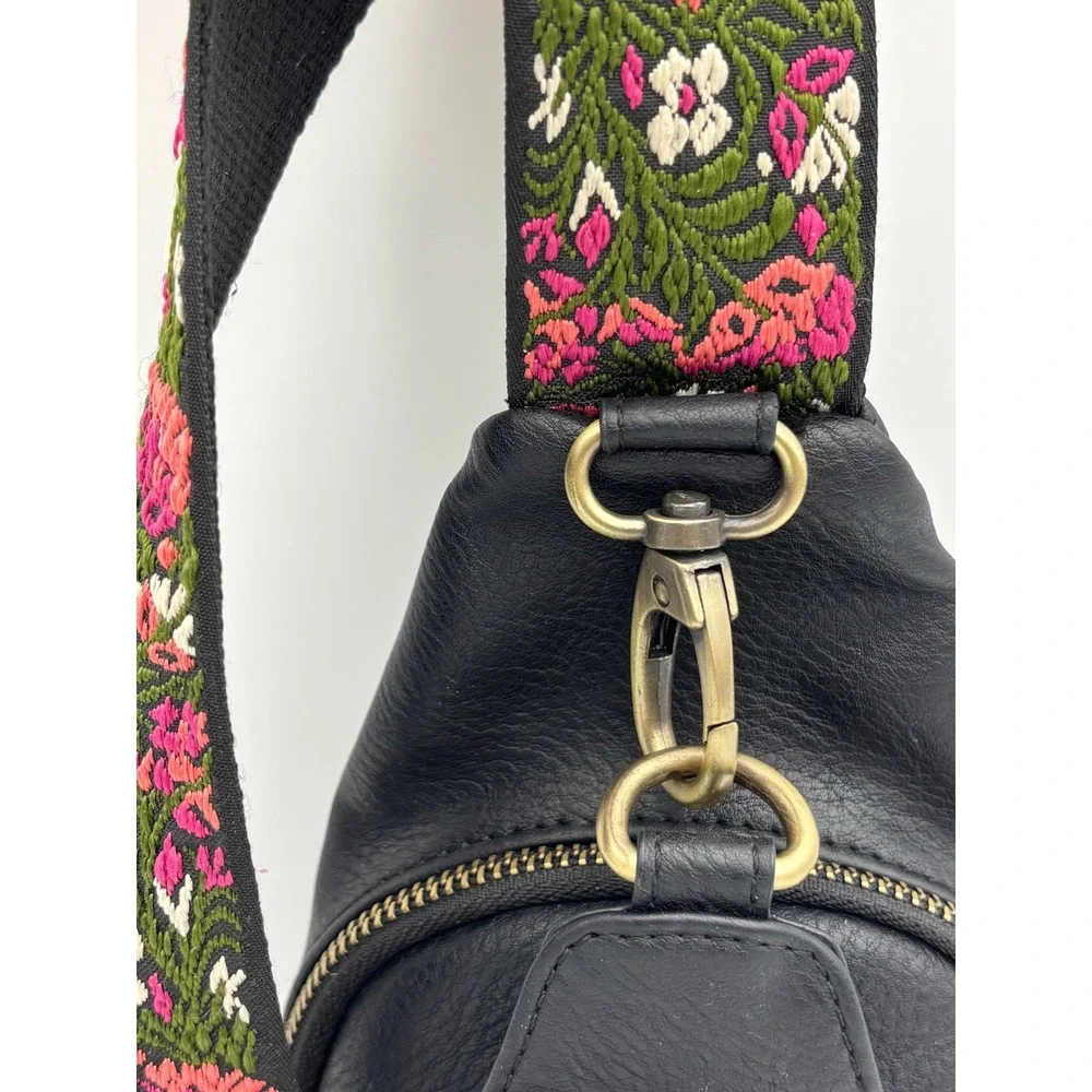 ANTIK KRAFT Black Vegan Leather Crossbody Sling Bag Floral Strap Embroidered